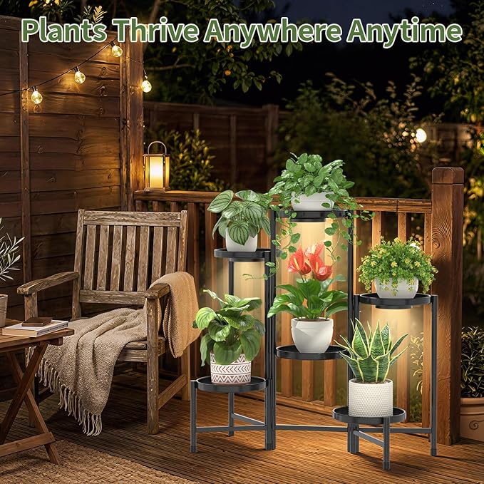 LASZOLA 6 Tier Large Plant Stand Indoor Tall with Grow Lights, Corner Folding Flower Display Rack with 10 Inch Metal Tray, Modern Plant Holder Shelf for Outdoor Patio Porch Garden Living Room, Black