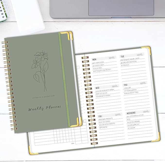 Undated Weekly Planner with Metal Corner Hardcover Notebook , A5 Size Journal with To Do List Planner, Habit Tracker,Weekly Goals for ADHD,Student, Office, Women, Men ,Gifts,6 x 8 inches,Spiral Bindding ,Green