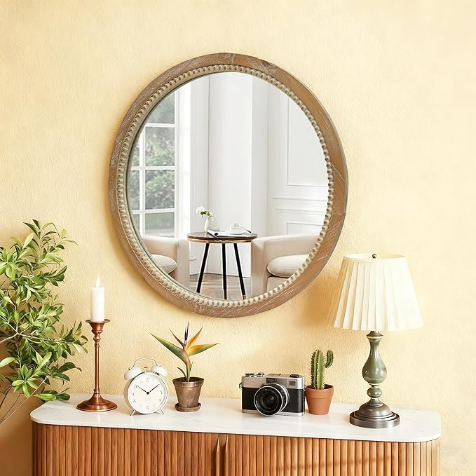 23.62" Round Rustic Farmhouse Wall Mirror Distressed Wood Beaded Frame Vintage Accent Mirror Wall Mounted HD Decorative Mirror For Bathroom Bedroom Entryway Modern Farmhouse Mid-Century Home Decor