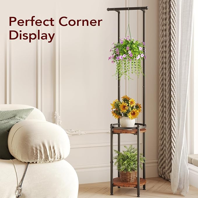Homsorout Plant Stand Indoor Outdoor - Heavy Duty Metal 2-tier Hanging Plant Holder Space-Saving Iron Plant Stands Tall Plant Shelf for Living Room Garden Balcony(Rustic Brown and Black)