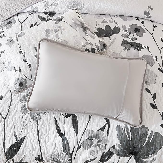Anibedding Grey Quilt Set Queen, Floral Bedspread Soft Microfiber Lightweight Queen Size Quilt Bedding Sets Flower Coverlet for All Season(Queen, 96"x90")