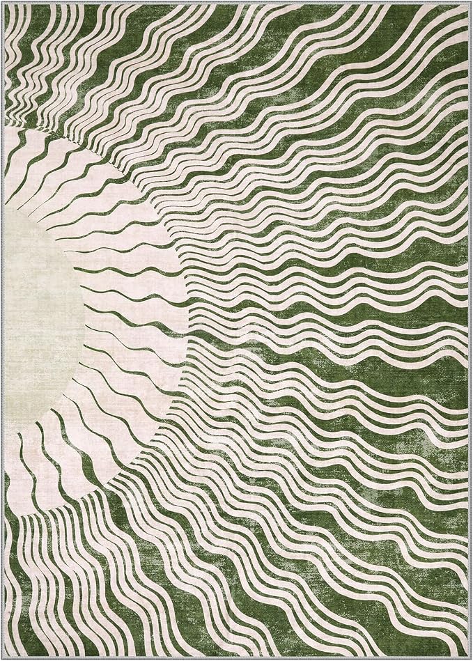 Hedlive Boho Washable Rugs 5x7, Sun Print Soft Green Rug for Bedroom Ultra-Thin Nursery Rug Non Slip, Stain Resistant Living Room Carpet for Dining Room Classroom(5'x 7',Green/Multi)