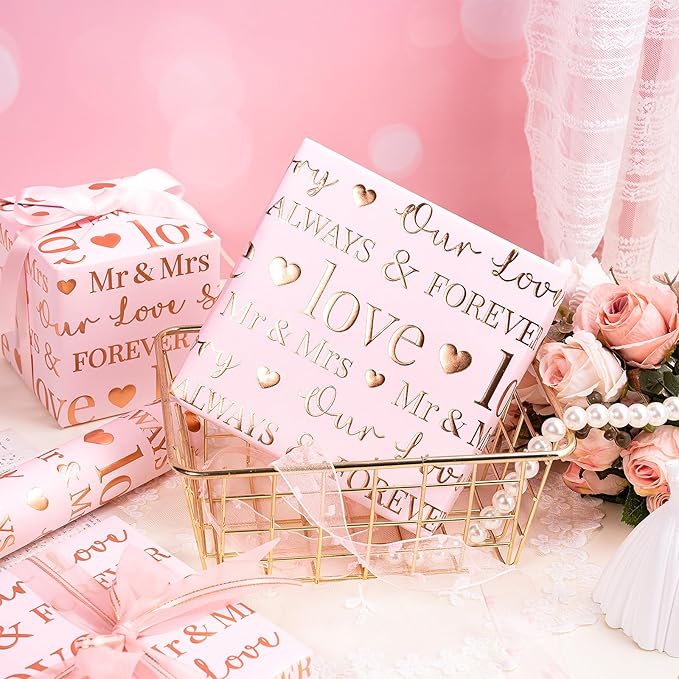 RUSPEPA Wedding Wrapping Paper Roll, Mini Roll, 17 Inches x 16.5 Feet, Pink Rose Gold Foil Ring Design, Perfect for Wedding, Bridal Shower, Anniversary