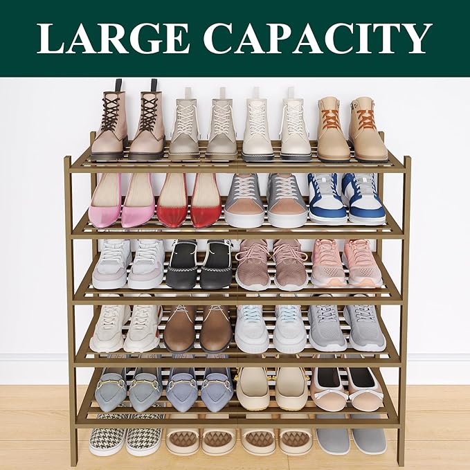 Smiry Long Bamboo Shoe Rack 5-Tier, Stackable Wooden Shoe Organizer for Entryway & Closet, Free Standing Wood Shoe Storage Shelf for Front Door & Small Spaces, Walnut