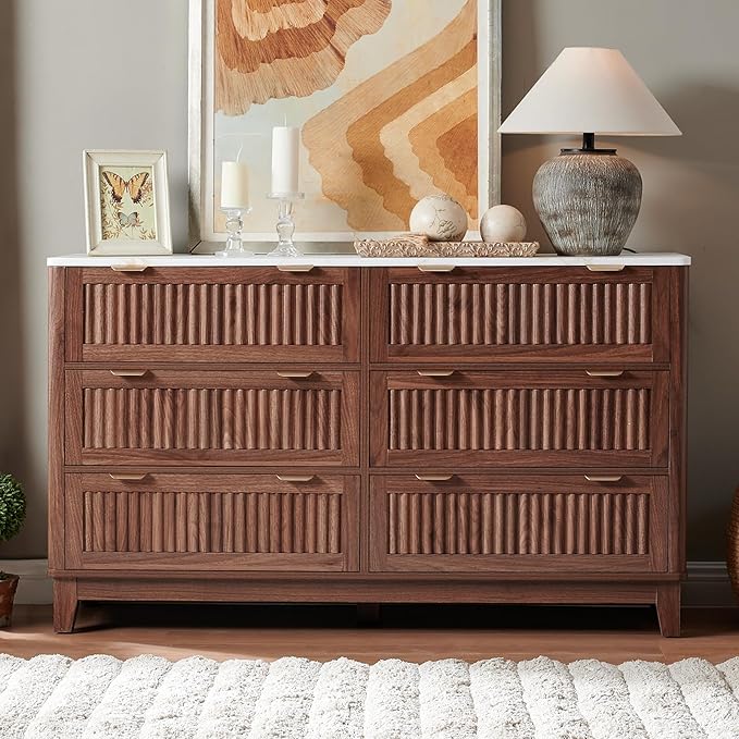 Fluted 6 Drawers Dresser for Bedroom - 54" Large Storage Dresser, Farmhouse Dressers with Faux Marble Top, Modern TV Stand & Chests of Drawers for Living Room Entryway,Walnut