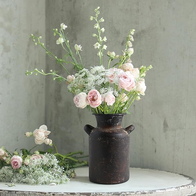 Rustic Vintage Metal Flower Vase for Decor Milk Jug Small Vases for Flowers Kitchen Decorations, Cylindrical,Perfect for Kitchen, Dining Room, Living Room,Housewarming Gift (Brown)