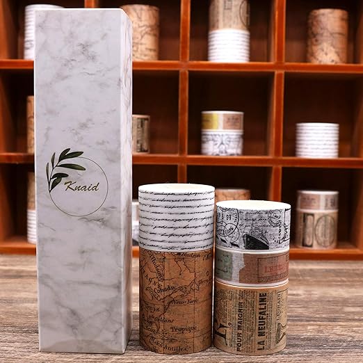 Knaid Vintage Washi Tape Set, Assorted 5 Rolls of Decorative Colored Masking Tapes for Scrapbooking, DIY Decor and Crafts, Bullet Journals, Planners, Junk Journal, Gift Wrapping