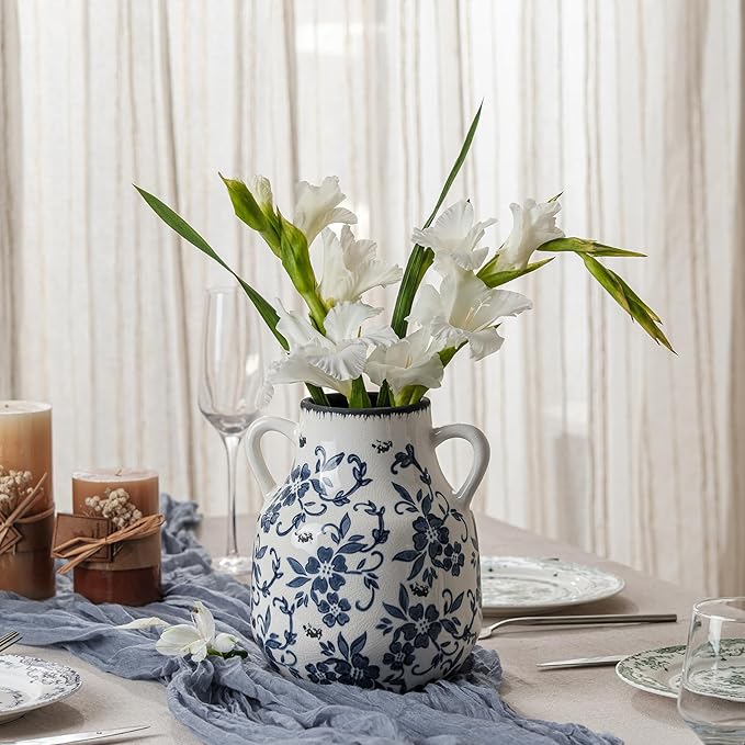 Blue and White Vintage Round Flower Vase with 2 Handles, Chinoiserie Floral Vase, Retro Ice Cracked Ceramic Large Vases for Home Decor, Living Room, Grand Millennial Chinoiserie Decor, 7.7 Inch