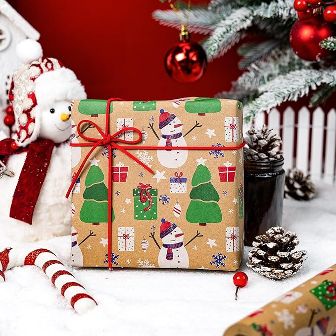 Yarcony Christmas Gift Wrapping Paper Roll, Kraft Snowman Wrapping Paper,Reversible Snowman, Candy Cane & Bow Design Winter Theme Thick Christmas Gift Wrap for Holiday Celebration (17 Inch X 33 Feet)