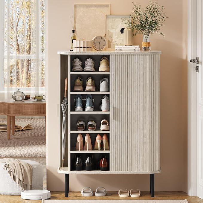 ONBRILL 6-Tier Shoe Cabinet with Sliding Door, Wooden Shoe Storage Cabinet with Adjustable Shelves, Mid-Century Modern Freestanding Shoe Storage Organizer for Entryway, Living Room, Hallway