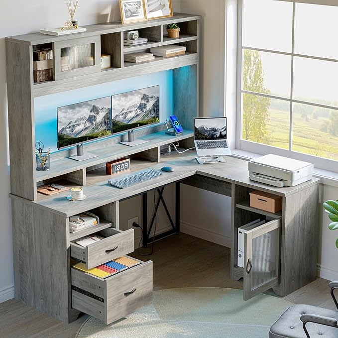 Bestier Farmhouse 63" L Shaped Desk with Hutch, Wood Computer Desk with Drawers, Charging Station, LED Light, Fluted Sliding Door Cabinet, Monitor Stand, Executive Desk for Home Office, Grey