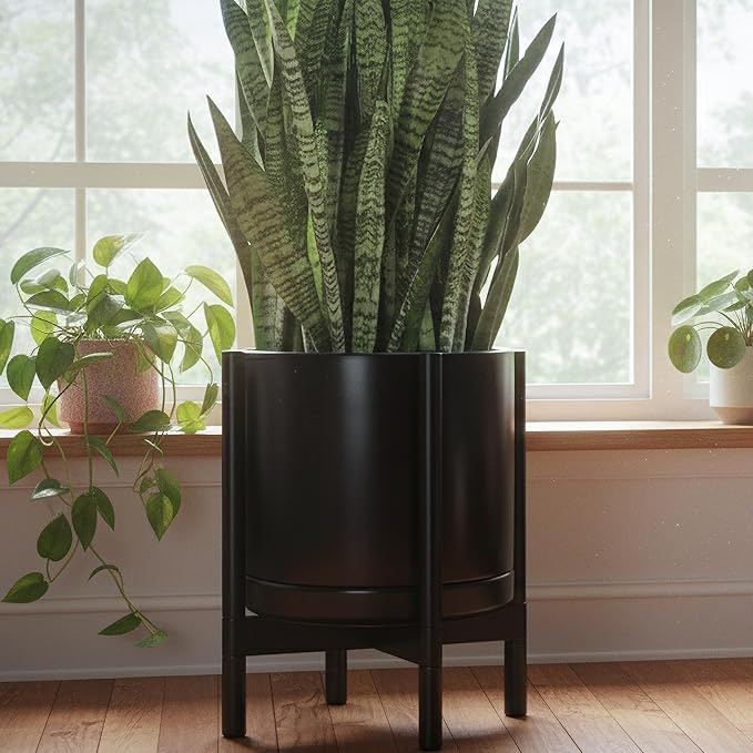 D'vine Dev Ceramic Planter with Ebony Stand - 14 Inch Modern Round Flower Pot with Wood Planter Holder, Black, 55-B-S-2