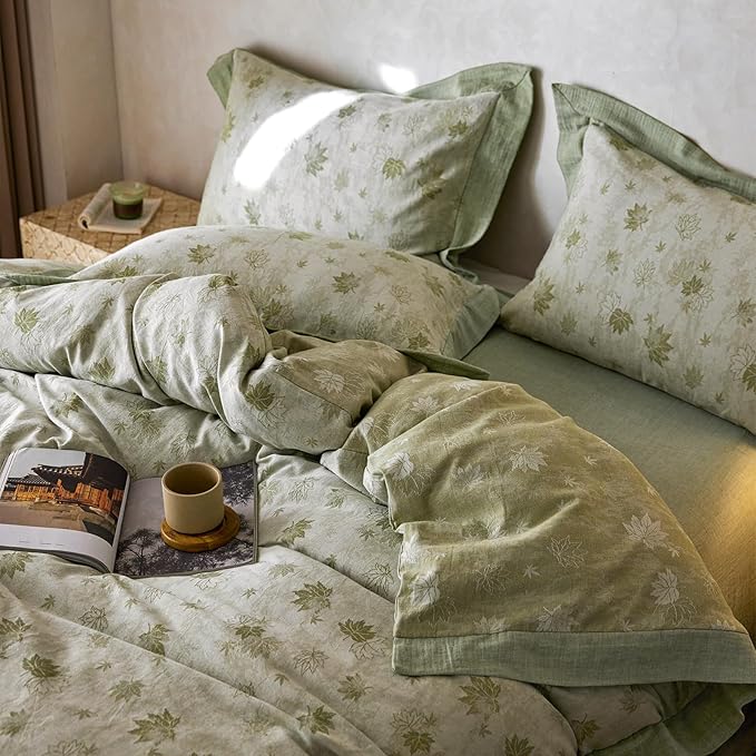 mixinni Yarn-Dyed Jacquard Duvet Cover Queen, Green Botanical Leaf Print 3-Piece Bedding Set with Wide Edge Piping, Soft Breathable Double Layer Gauze for All Seasons (1 Duvet Cover + 2 Pillowcases)