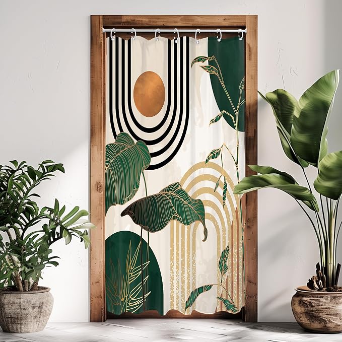 Glawry Small Stall Green 36Wx72L Inches Boho Mid Century Shower Curtain Abstract Retro Tropical Palm Tree Plant Sun Arch Minimalist Bathroom Modern Bath Accessories Art Home Decor Fabric 7 Pack Hooks