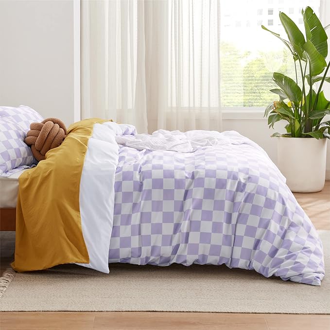 Bedsure Duvet Cover Queen Size - Reversible Checkered Duvet Cover Set with Zipper Closure, 3 Pieces Purple Bedding Set with 8 Corner Ties and 2 Pillow Shams 20"x26"