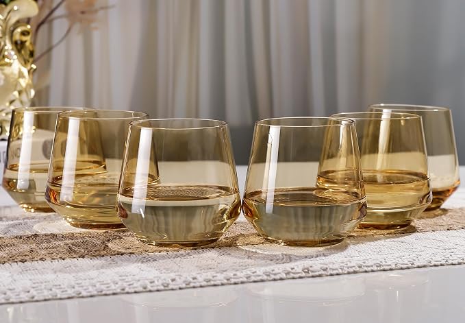 Amber Stemless Wine Glass Set of 6-14oz Wine Glasses, Stemless Drinking Glasses for Wine, Cocktails & Beverages - Elegant Glassware for Home, Bar & Holiday Use