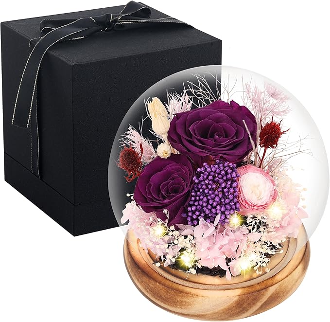 Preserved Flowers Bouquets Unique Rose Preserved Flower Gifts in Glass Dome for Women,Wife, Grandma Suitable for Birthday, Mother’s Day, Valentine’s Day, Anniversary, Christmas