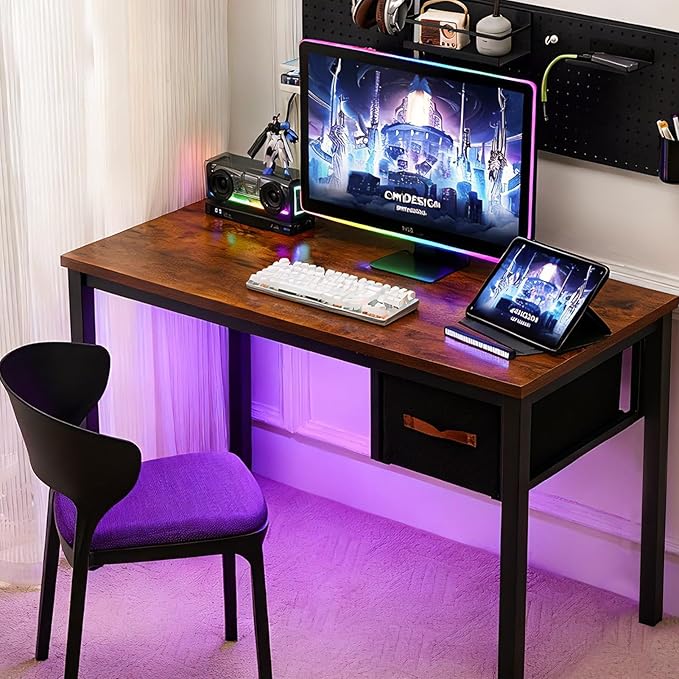 Computer Desk with Drawer, 47 Inch Home Office Work Desks, Modern Writing Study PC Desk Gaming Table for Small Place Bedroom, Thickened Tabletop and Stable Metal Frame Leg(Rustic Brown)
