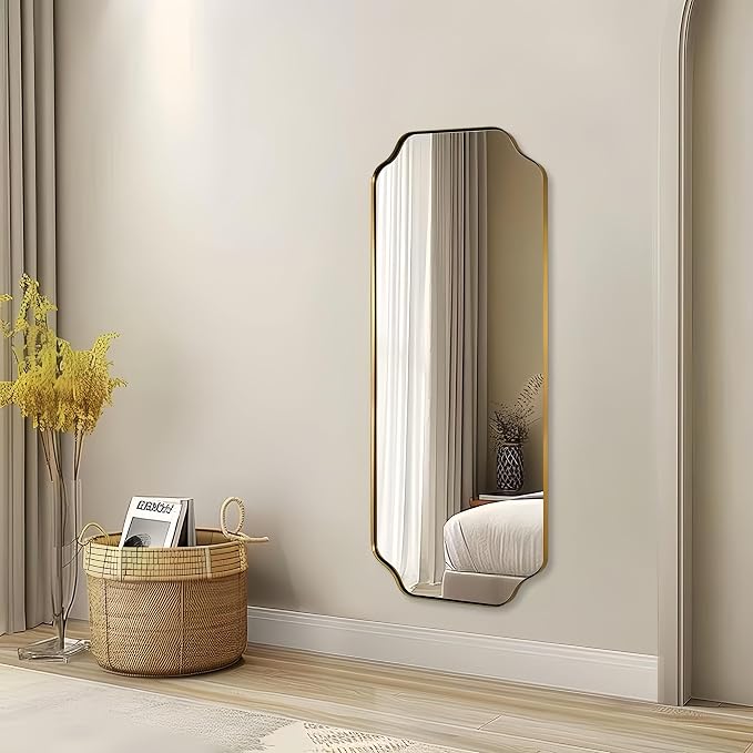 ANDY STAR 18" x 48" Full Length Wall Mirror, Large Brushed Gold Bathroom Mirror for Wall, Scalloped Corner Rectangle Body Mirror for Floor and Leaning