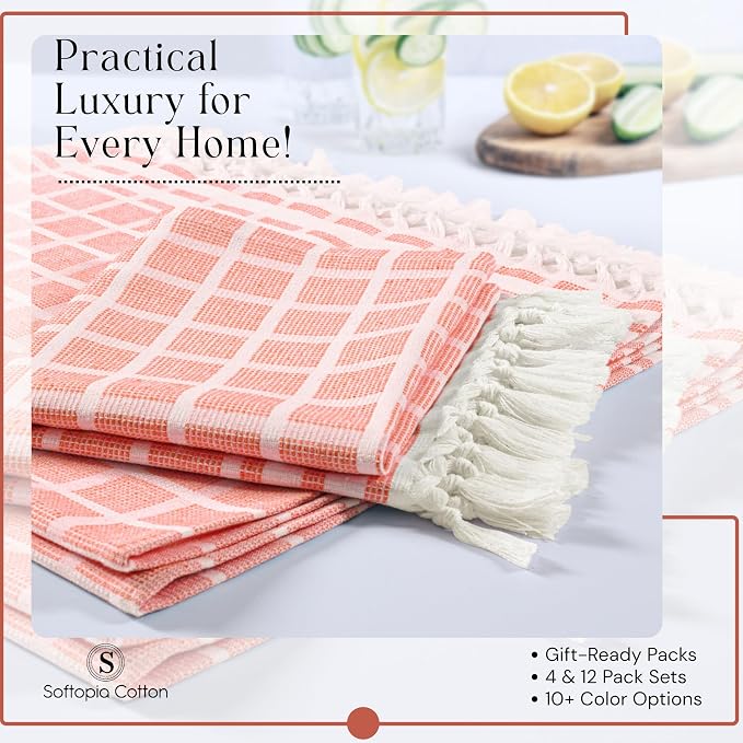 Matrix Dobby Kitchen Towels 12 Pack 100% Cotton, 16x26 Inches, Decorative Tea Towels with Handmade Tassels, Absorbent, Reusable Dish Cloths for Drying Dishes - Bright Orange, Natural