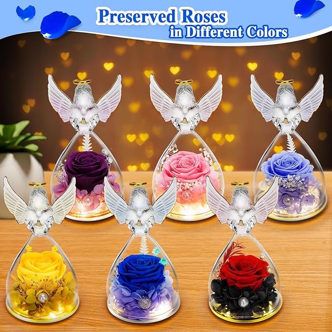 Lurlin Birthday Flowers for Women: Preserved Rose Gift for Mom, Grandma, Wife, Friend, Nurse; Glass Angel Figurines with LED Light