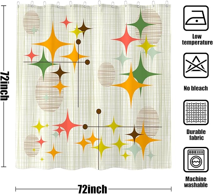 Mid Century Modern Shower Curtain Retro Stars Shower Curtains for Bathroom Abstract Vintage Boho Art Waterproof Fabric Bath Curtain Decor with Hooks (Yellow1, 72'' x 72'')