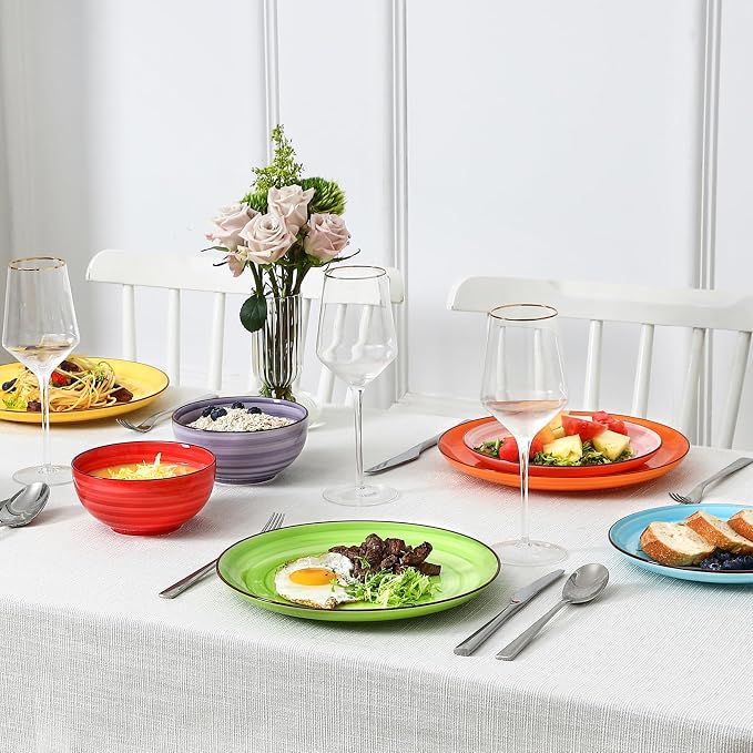 Selamica Ceramic Plates and Bowls Sets,24 Pieces Dinnerware Sets for 8,Scratch Resistant Dish Set for holiday gathering,Dishwasher & Microwave Safe, Dopamine colors