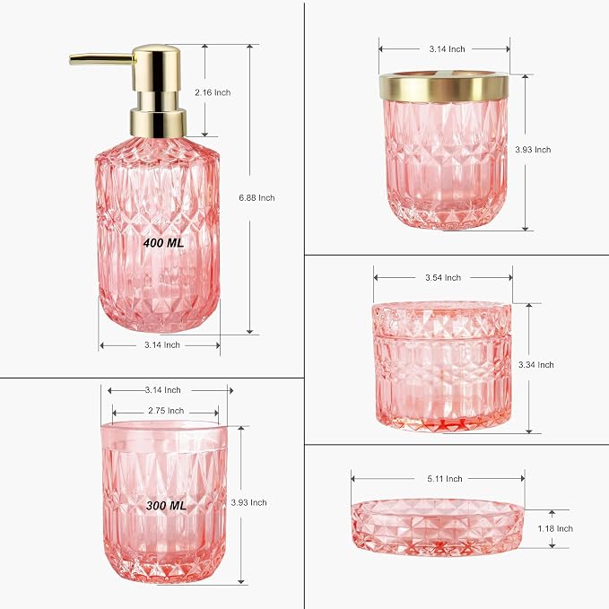 LaMarriti 5pcs Pink Bathroom Accessory Set, Clear Glass Bathroom Set, Soap Dispenser and Toothbrush Holder Set, Soap Dish, Tumbler, Qtips Holder for Crystal Modern Bathroom Decor, Set