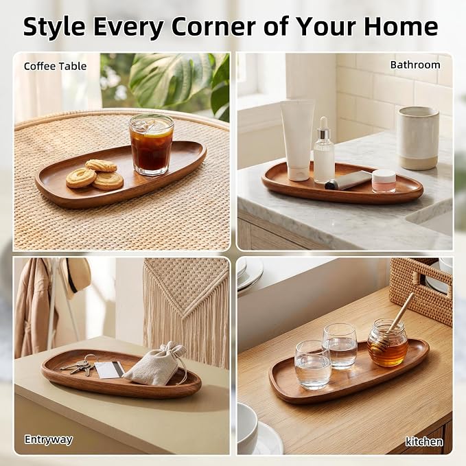 Acacia Wood Decorative Tray – Premium Craftsmanship Wooden Tray Irregular Handmade Catchall Plate for Keys, Candles, Coffee Table Décor & Entryway Organization-11.8 * 5.08 * 1.18 inch
