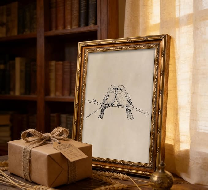 Vintage Gold Framed Bird Canvas Wall Art Two Birds Sketch Wall Decor Vintage Farmhouse Sketch Animals Artwork Retro Birds Painting Retro Rustic Print for Farmhouse Bedroom Living Room 12X16in