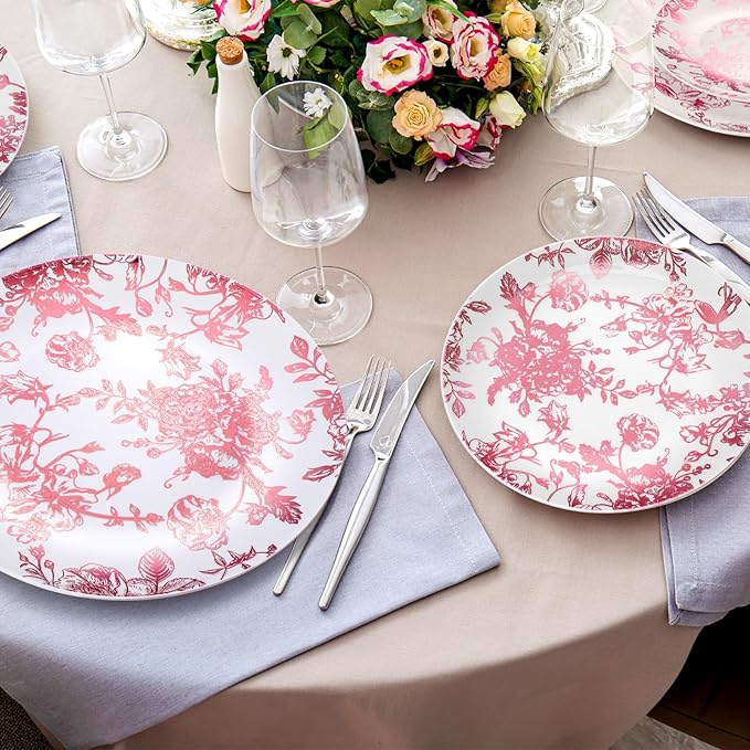 Suclain 60 Pcs Pink Plastic Floral Plates Disposable Heavy Duty White with Pink Floral 9" Dinner Plate and 7" Dessert Plate, Disposable Plastic Plates for Party Birthday Bridal Shower