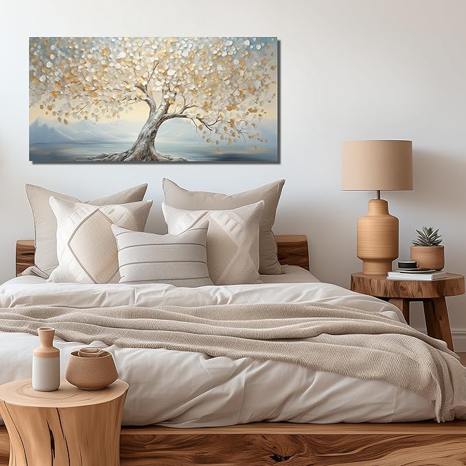 JuhaiArt Tree Canvas Art White Wall Decorations Light Blue Wall Picture for Living Room Bedroom Home Office Gold Artwork Art 24" x 48"