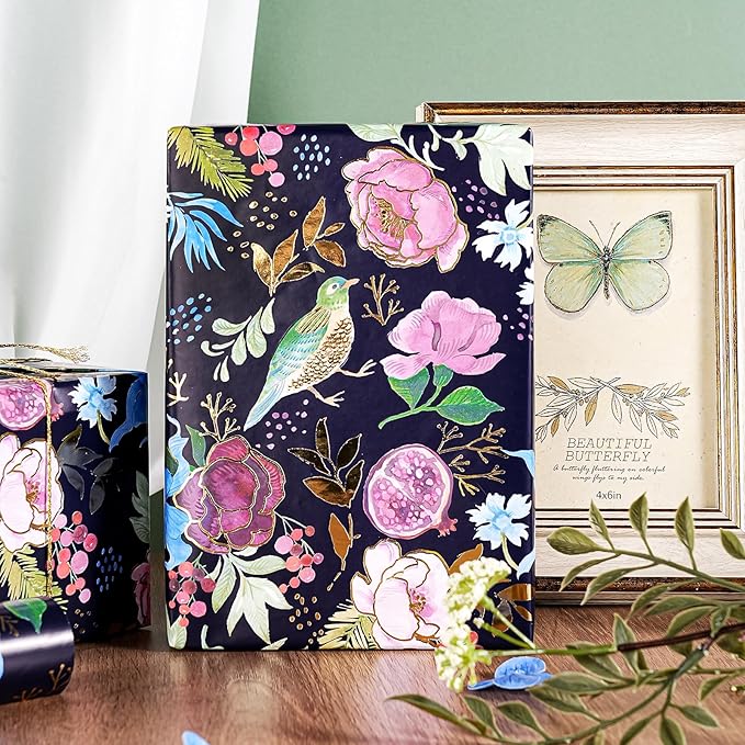 WRAPAHOLIC Floral Wrapping Paper Roll - Mini Roll - 17 Inch x 16.5 Feet - Elegant Gold Foil Birds and Flower Wrapping Paper Perfect for Wedding, Birthday, Bridal Shower, Tea Party