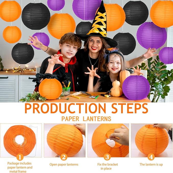 Halloween Party Decorations, Orange Black Purple Hanging Paper Lanterns for Halloween Ceiling, Horror Party Birthday Wedding Yard Garden Decor Indoor Outdoor,15pcs