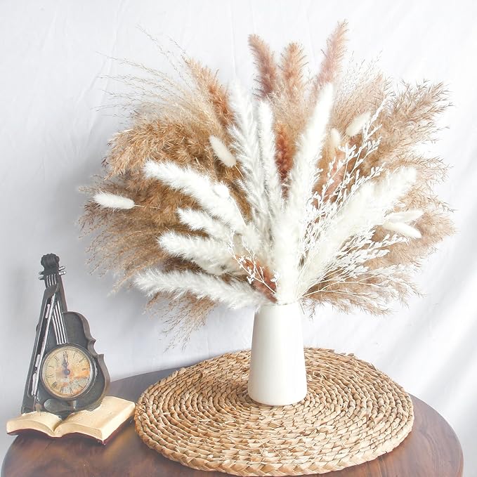 Dried Flower Bouquet - Pampas Grass, Bunny Tails & Preserved Flowers - Boho Chic Home Decor, Rustic Wedding Centerpiece, Farmhouse Style Arrangement, Long-Lasting Gift (113PCS)