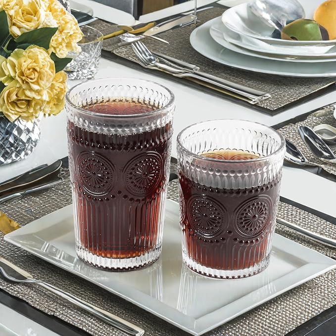 Loivttvv 12pcs Vintage Drinking Glasses Set, 12 oz Highball Glasses & 9 oz Embossed Ribbed Glassware Cups for Cocktail, Water, Juice, Coffee, Whiskey (Clear)