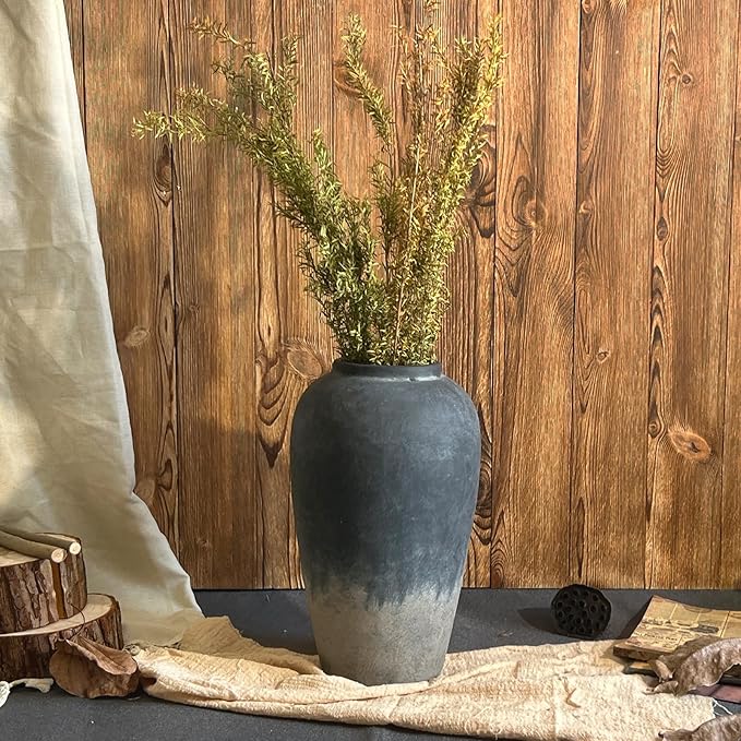 12 Inch Rustic Ceramic Vase, Black Flower Vases for Centerpieces, Farmhouse Decor for Living Room, Entryway & Kitchen, Vintage Pottery Vase for Wedding Gifts