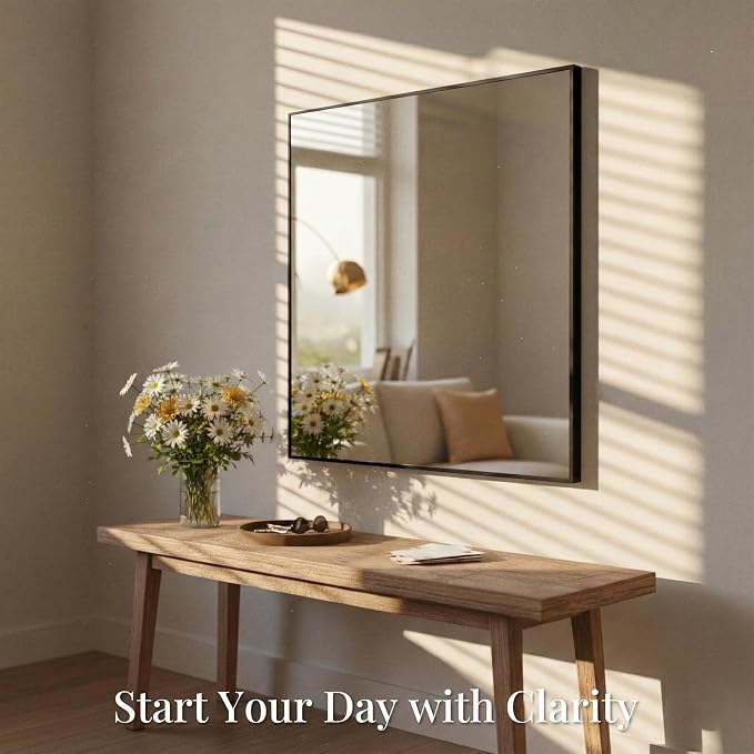 30"x30" Square Black Bathroom Mirror, Shatterproof Tempered Glass, Geometric Narrow Metal Frame Vanity Mirror, Ultra-Flush Wall-Mounted