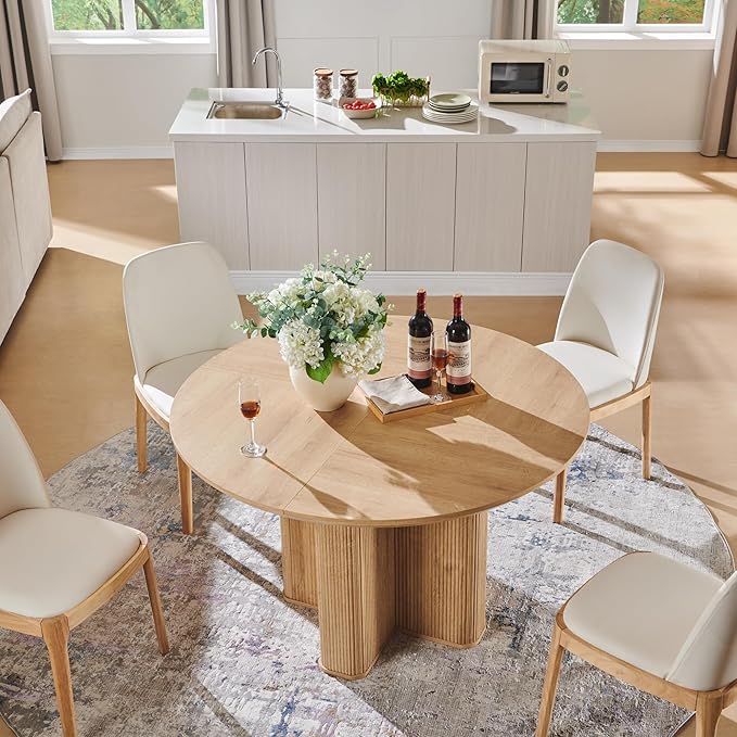 T4TREAM 47" Fluted Round Dining Table for Kitchen Living Room, Natural Oak | Mid Century Modern Kitchen Table,Seats 4-6,Thickened Edge and Sturdy Reeded Pedestal Base