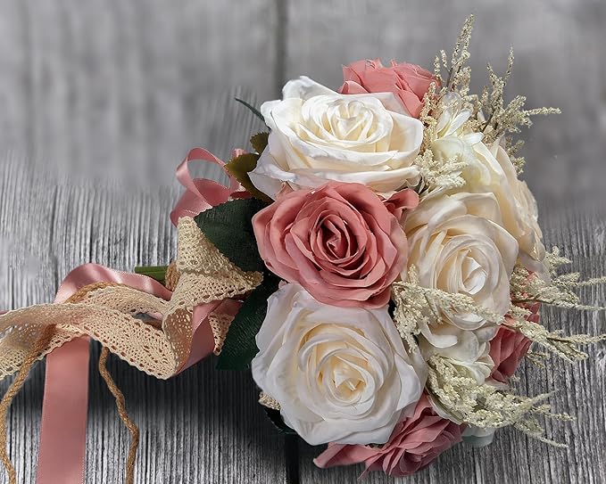 Wedding Bouquets for Bride, Champagne White & Pink Bridal Bridesmaid Wedding Flowers, Artificial Toss Rose for Civil Ceremony (Jute Rope Handle)