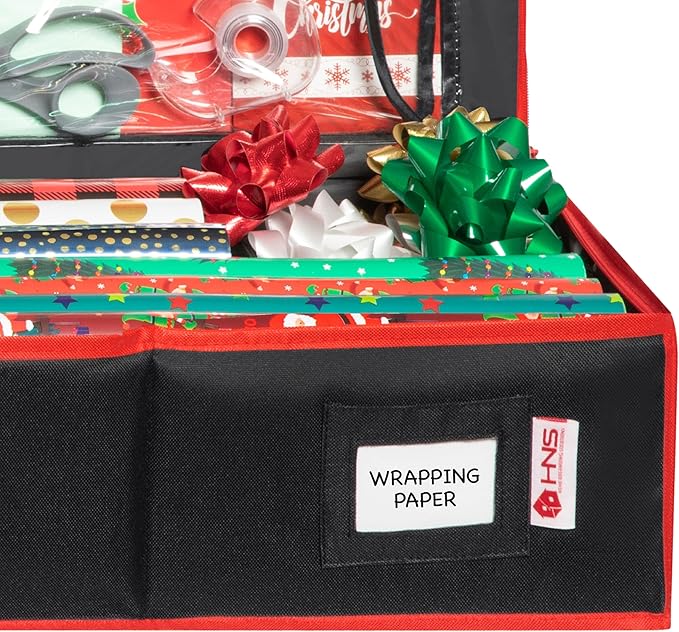HOLDN’ STORAGE Premium Wrapping Paper Storage Container - Durable 600D Tear-Proof, Fits 27 Rolls Gift Wrap, Extra Pockets for Ribbons & Bows, Underbed Storage - Ideal for Holiday Christmas, Black