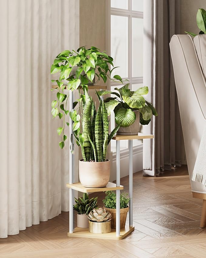 GENTINGBRO Tall Plant Stand Indoor 4 Tiered Plant Shelf for Multiple Plants Coner Shelf Stand Wood Plant Stand Metal Shelving for Living Room Bedroom Balcony Patio White