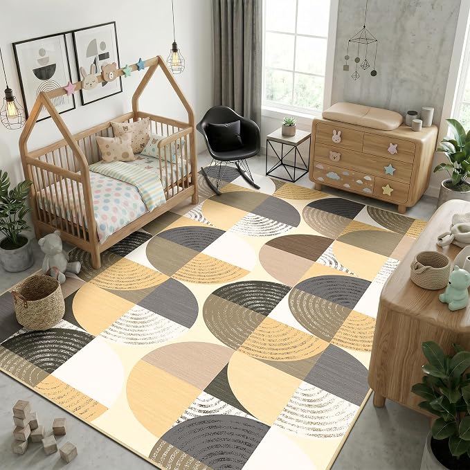 Merelax 6x9 Geometric Rugs for Living Room - Washable Non-Slip Large Bedroom Rug, Indoor Floor Carpet Low Pile Soft Area Rug for Dining Room, Mudroom, Modern Aesthetic Geometric Decor, Light Tan