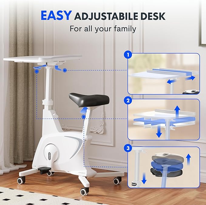 FLEXISPOT 3-in-1 Small Standing Desk with Wheels Exercise Bike Small Computer Desk for Laptop, Adjustable Height,2D Desktop,8-Level Resistance, Home Office Desks Workstation for Corner, White