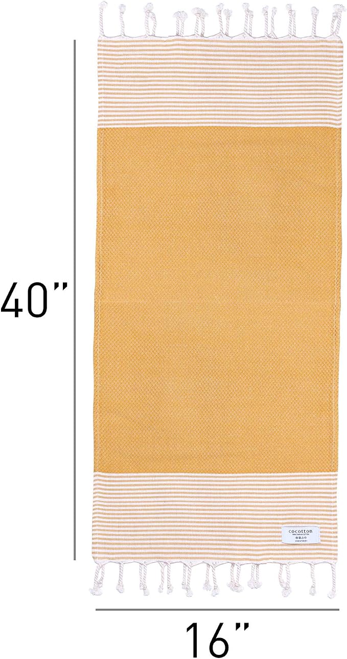 Boho Striped Turkish Hand Towels Set of 2 | 100% Cotton, 16 x 40 Inches | Decorative Bathroom Hair Face Gym Yoga Dishcloth Tea Kitchen Light Weight Quick Dry Farmhouse Towel (Mustard)