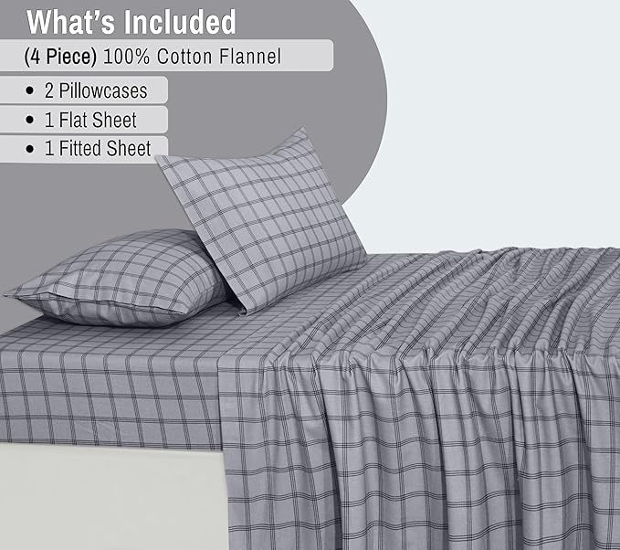 RUVANTI Flannel Sheets Queen Size - 100% Cotton Double Brushed Bed Sheets, Deep Pockets 16 Inches Queen Sheet Set, All Seasons Breathable & Extra Soft - Warm & Cozy, 4 Piece, Open Grid Check