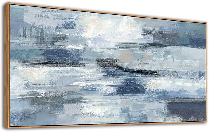Indigo Framed Wall Art Abstract Ocean Canvas Pictures Blue White Grey Painting Vintage Wall Decor Modern Artwork Prints for Living Room Bedroom Bathroom Office Home Decoration 20"x 40"