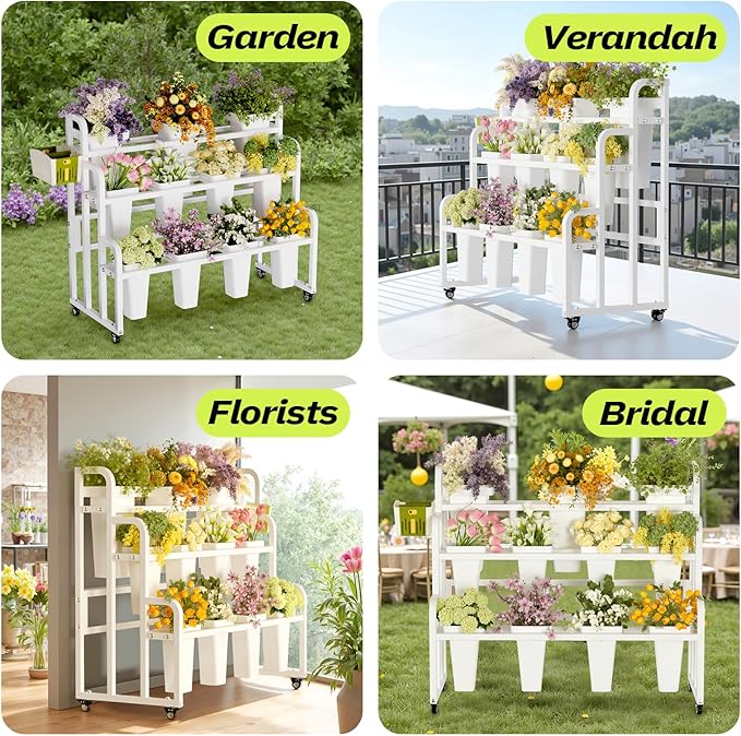 Heavy Duty 3-Layer Metal Flower Display Stand, 11-Bucket Flower Bar with Tool Basket, Thickened Frame & 360° Swivel Wheels, Flower Cart for Patio, Garden, Florist, Wedding & Party (Black)