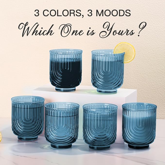 JOVGANK Blue Vintage Glassware Set of 6-14Oz Blue Water Drinking Glass, Art Deco Ripple Highball Glass, Whiskey Cocktail Glasses, for Bar Ice Coffee Juice, Housewarming Gifts and Mother's Day Gift