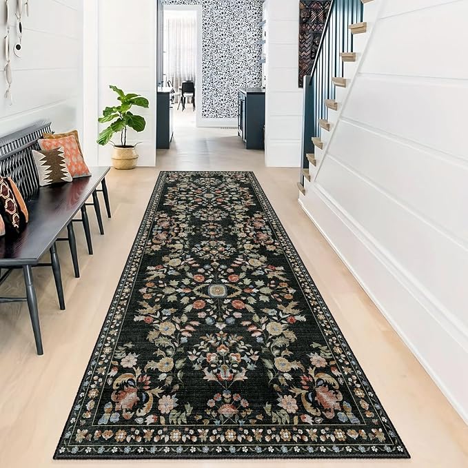 MUJOO Washable Runner Rug for Kitchen Hallways,2x6 Runner Rug Non Slip,Floral Carpet Runner for Bathroom Bedroom Laundry Floor,Long Mat Boho Indoor Vintage Low Pile Black